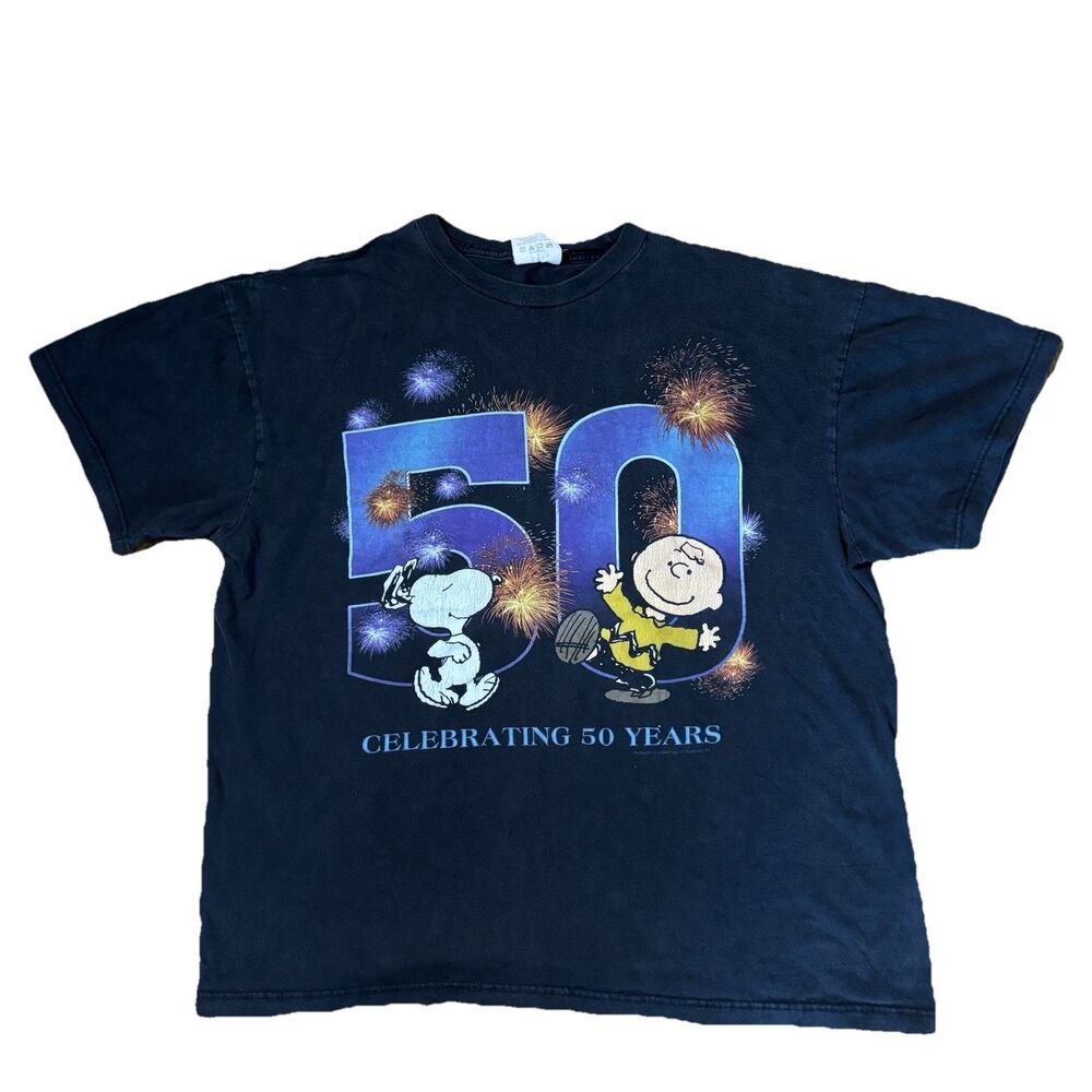 Peanuts 50th Anniversary T Shirt Mens XL Black Snoopy Charlie Brown Graphic Tee